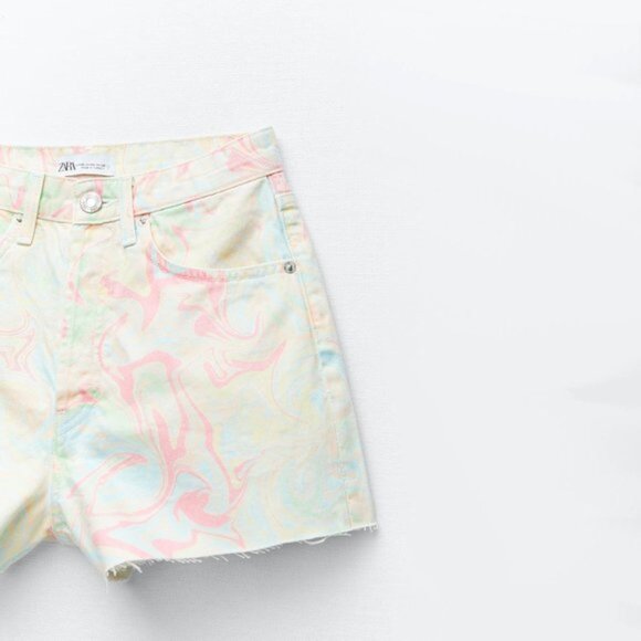 NWT Zara tie dye pastel printed unfinished hem straight fit high waist shorts 6 - Picture 4 of 6